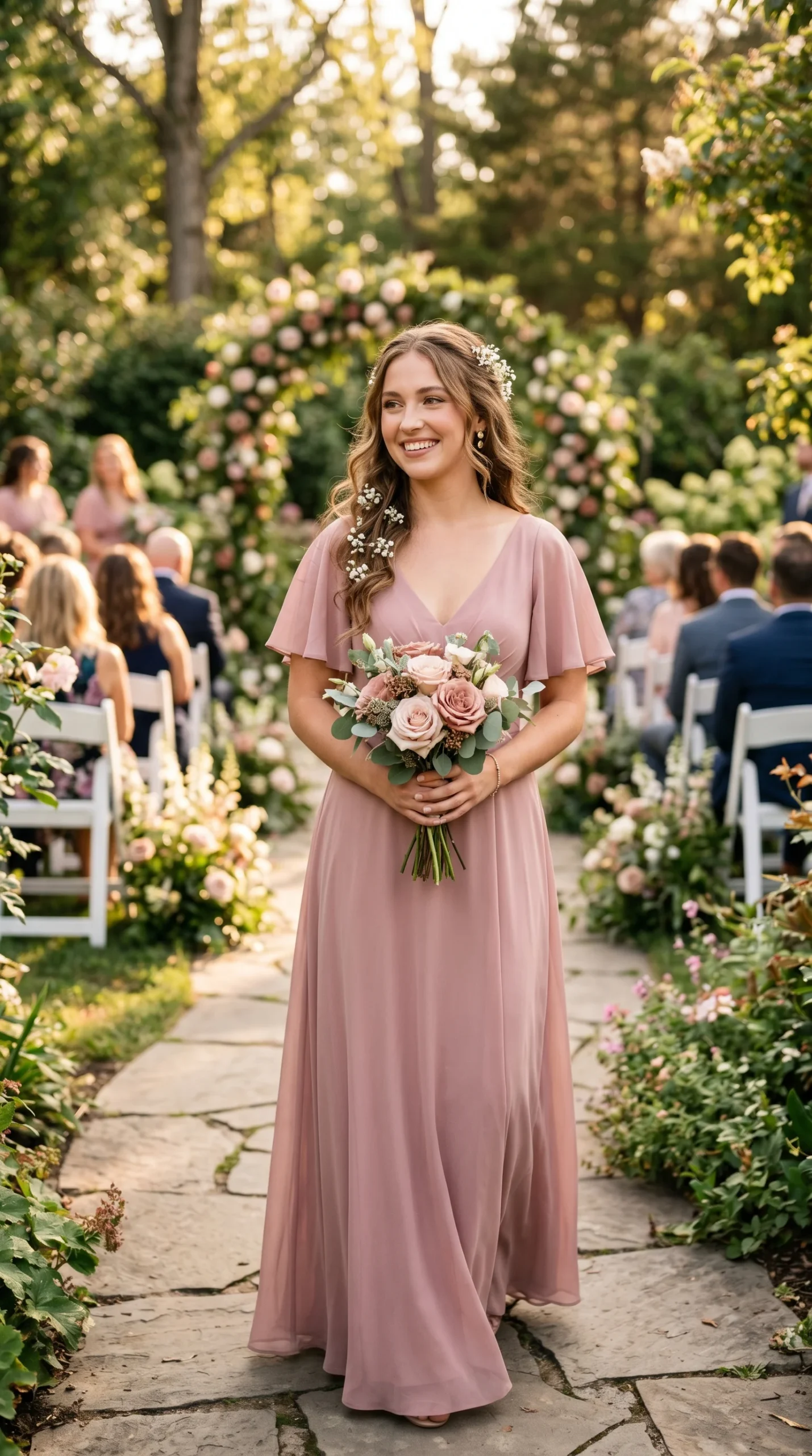 Loose waves with tiny white flowers, bridesmaid hairstyle