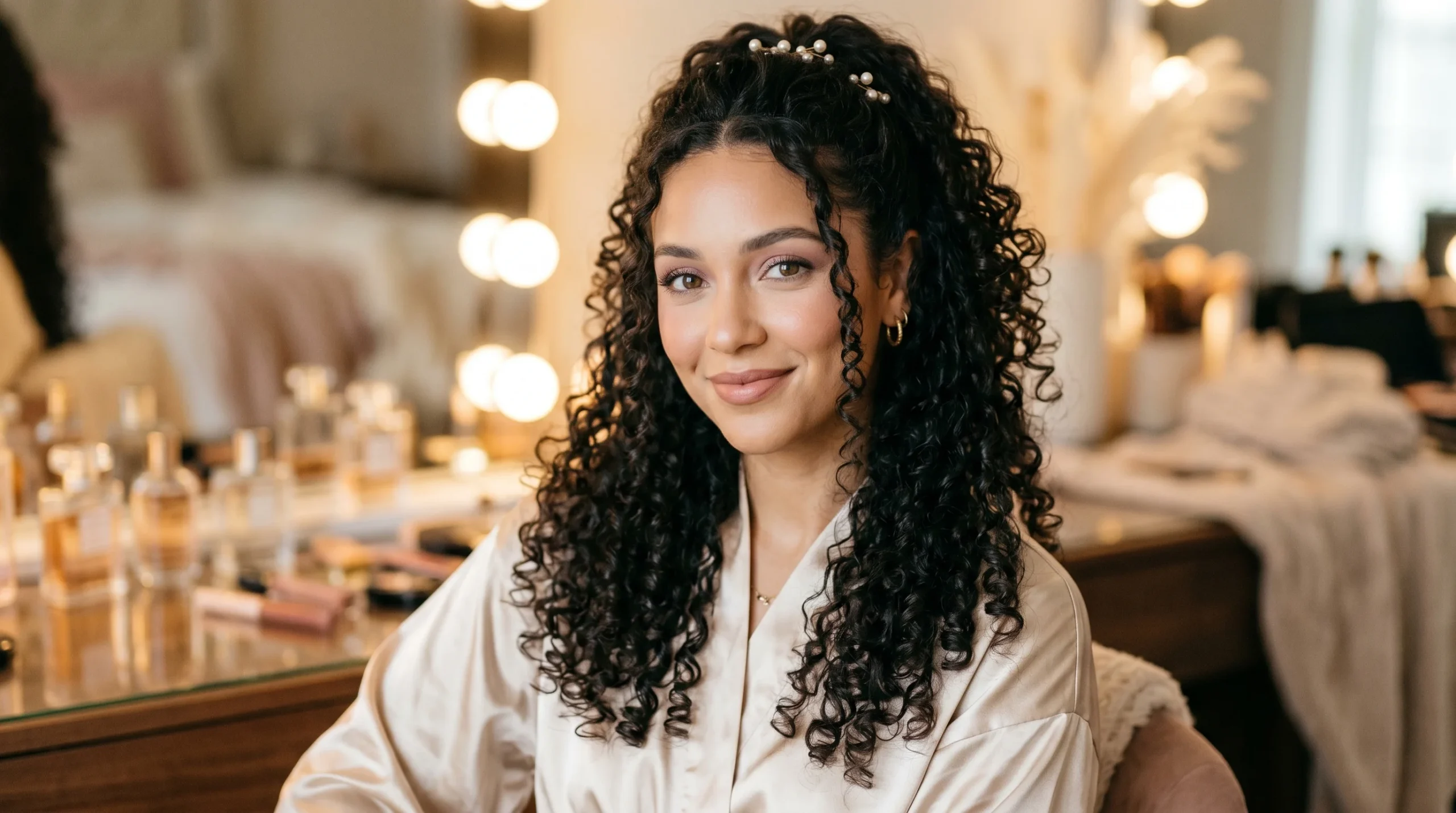 Curly hair half up half down